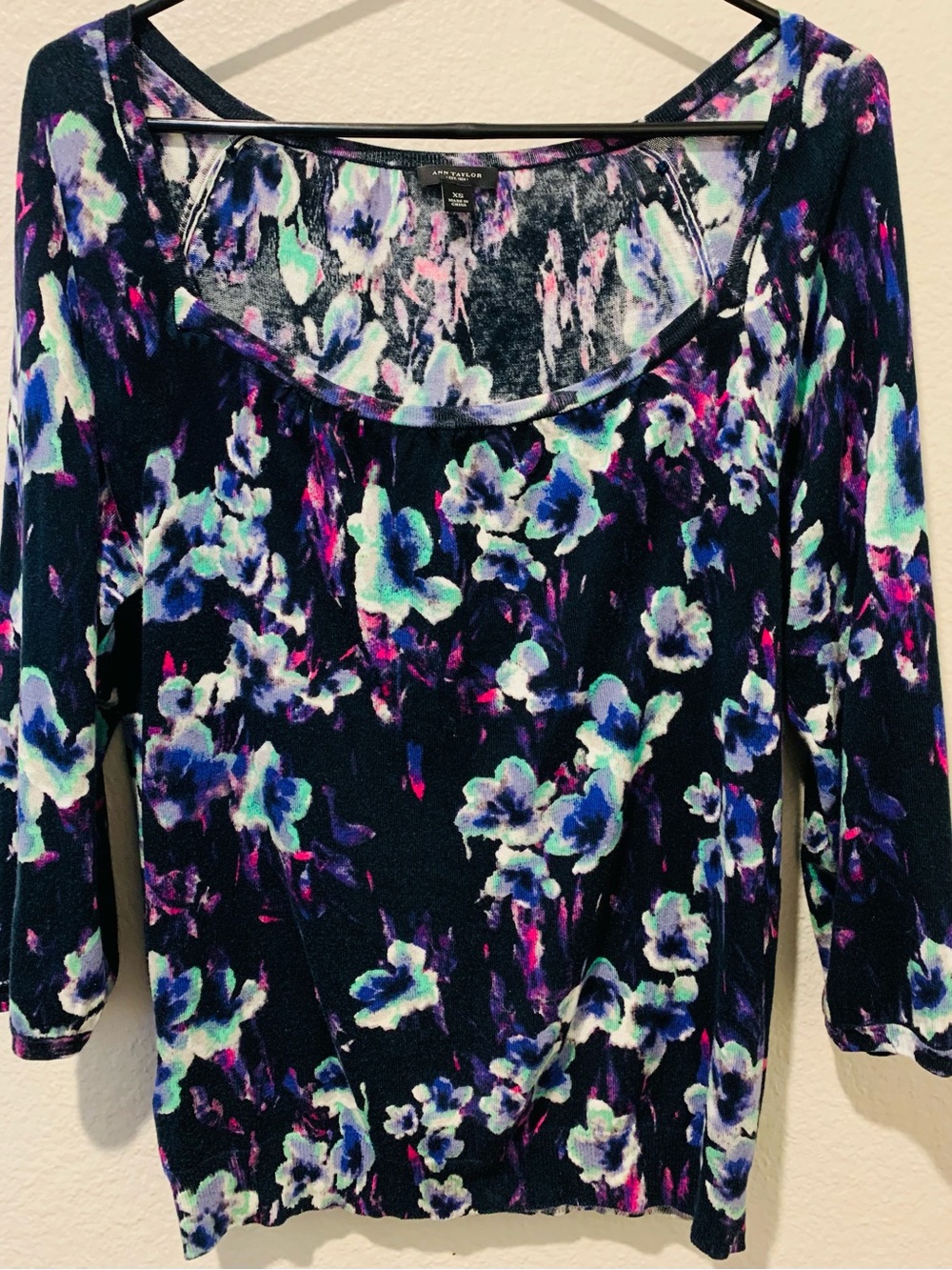 Ann Taylor Navy Floral Scoop-Neck Long Sleeve Top